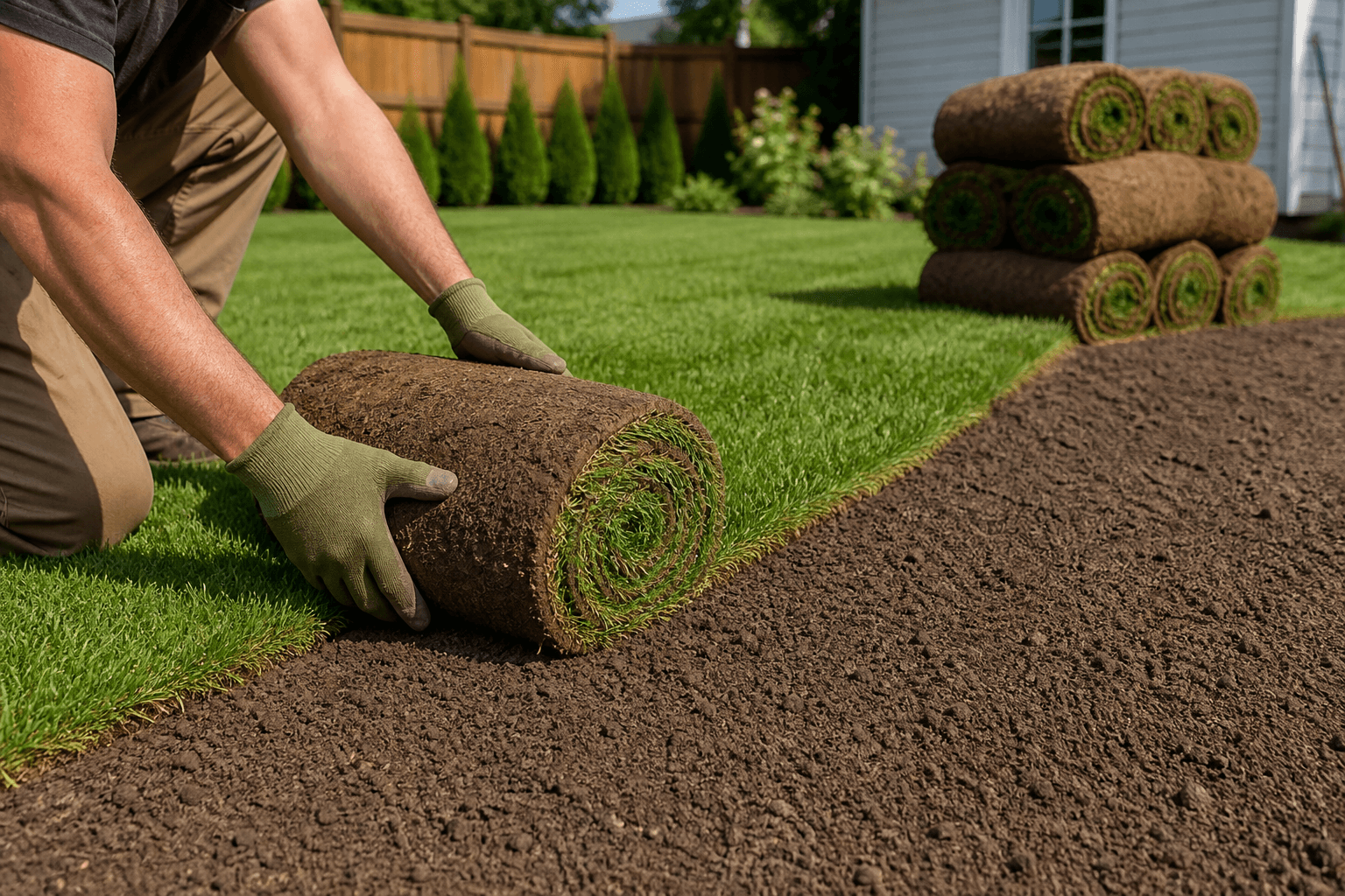 Landscaper laying a roll of fresh sod on prepared soil