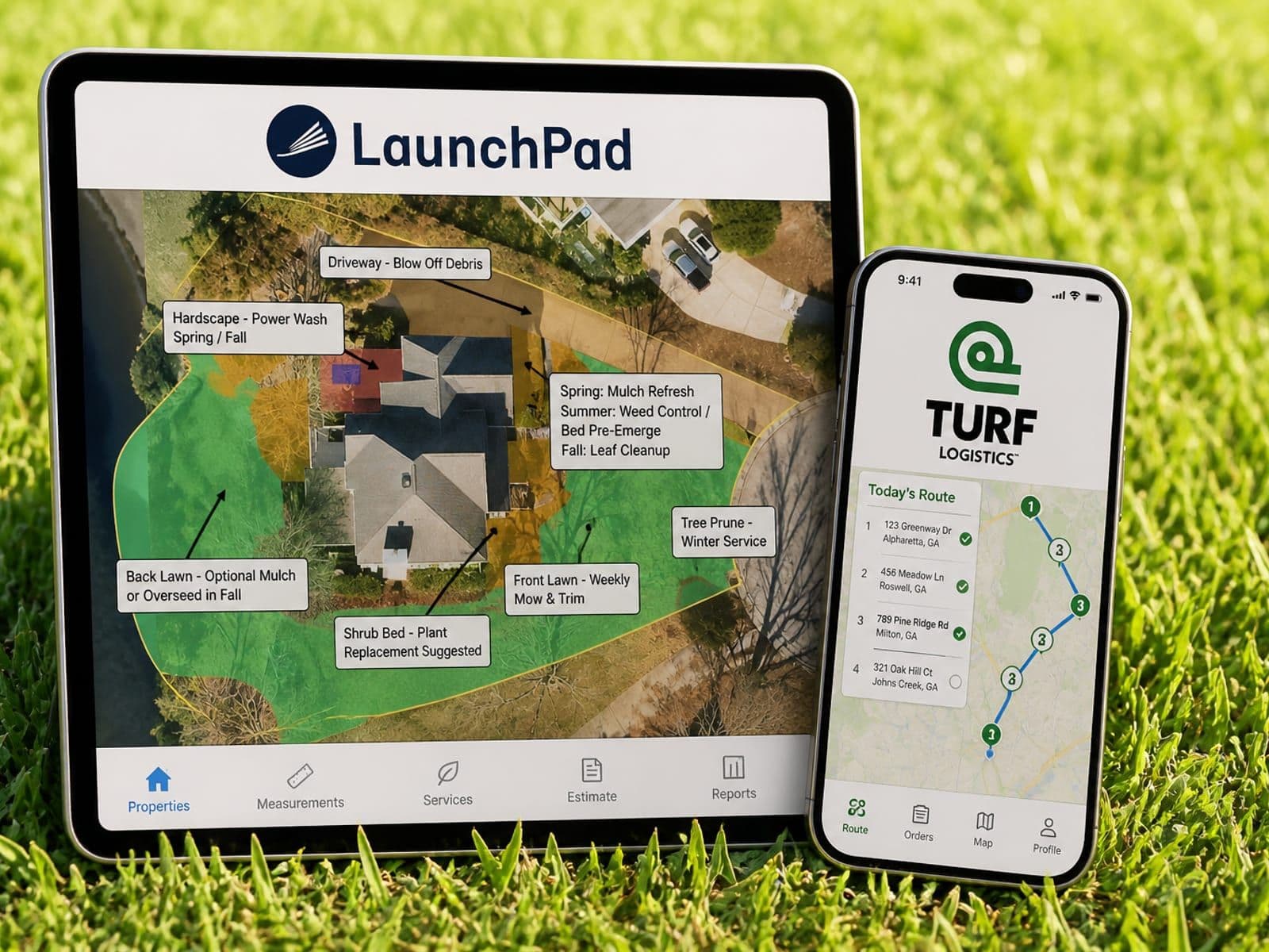 LaunchPad on a tablet and Turf Logistics on a phone, on a sunny lawn
