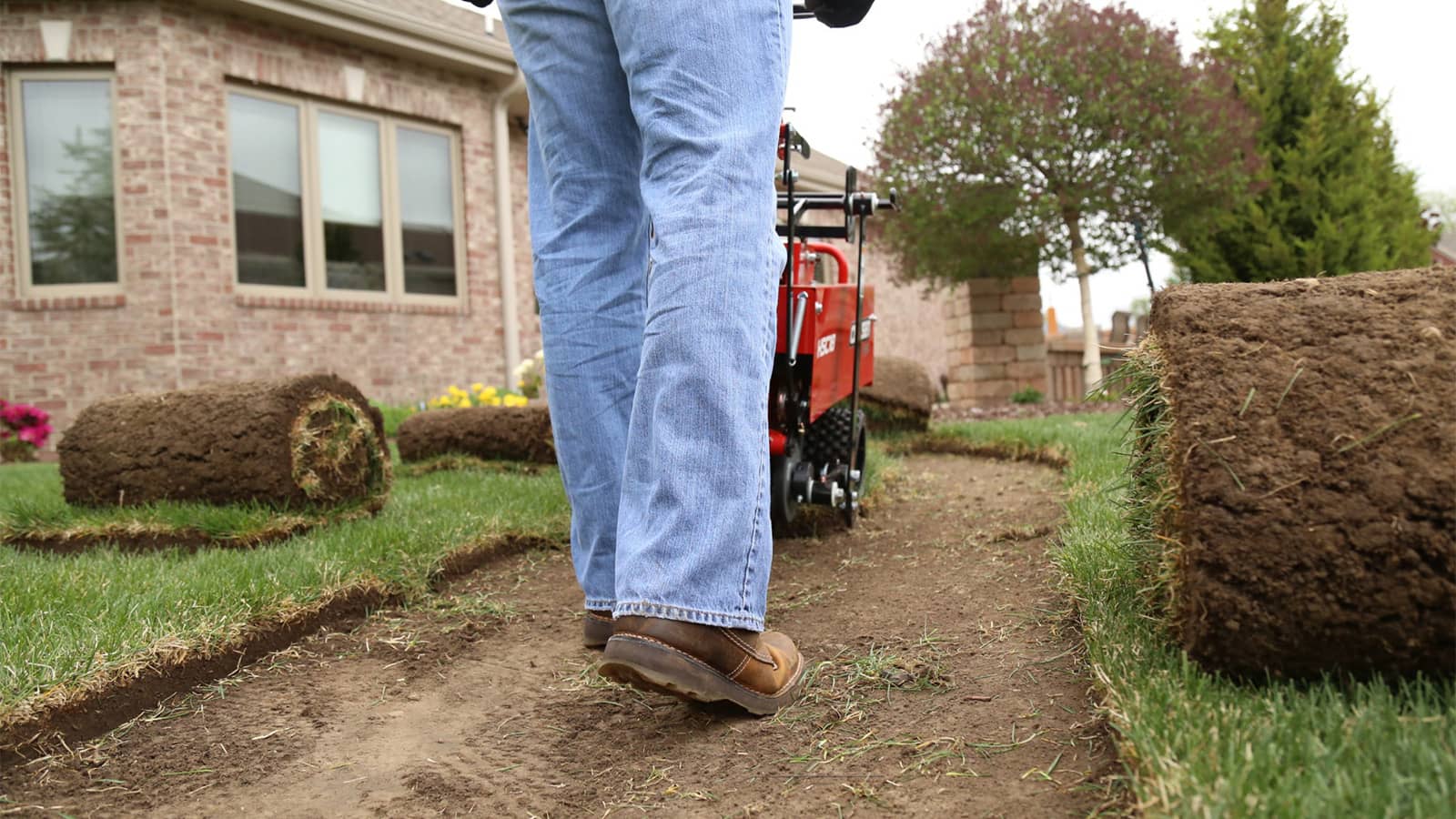 Man Using Sod Cutter On Lawn