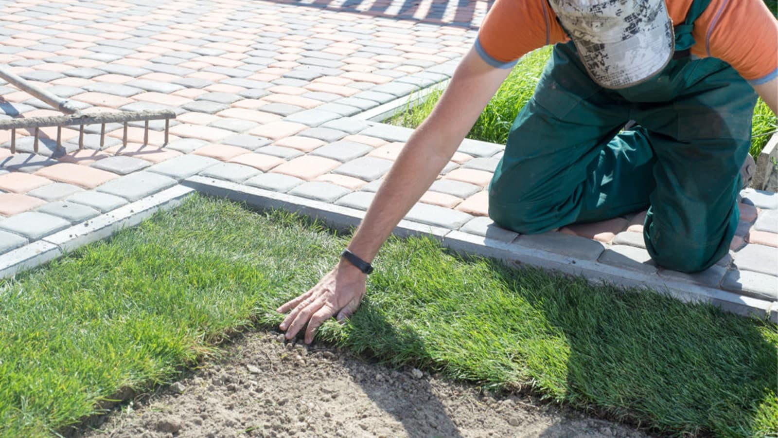 Man Laying Sod Piece Sod Installation Hardscape Rake